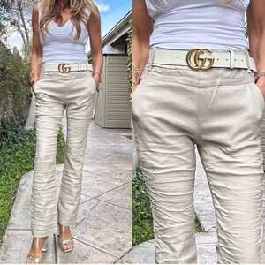 Sz 25 Bevy Flog Beige Straight-Leg Pants Elastic Waist & Pockets EUC MSRP $220